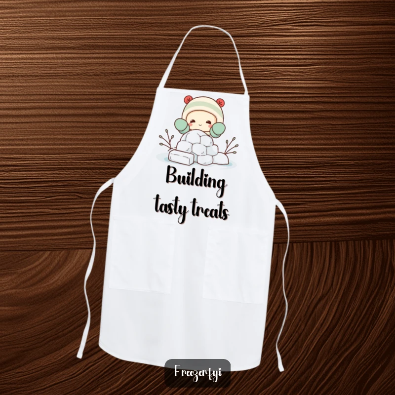 Funny apron with a happy character in mittens, building a miniature igloo from ice blocks, functional and humorous for cooking.