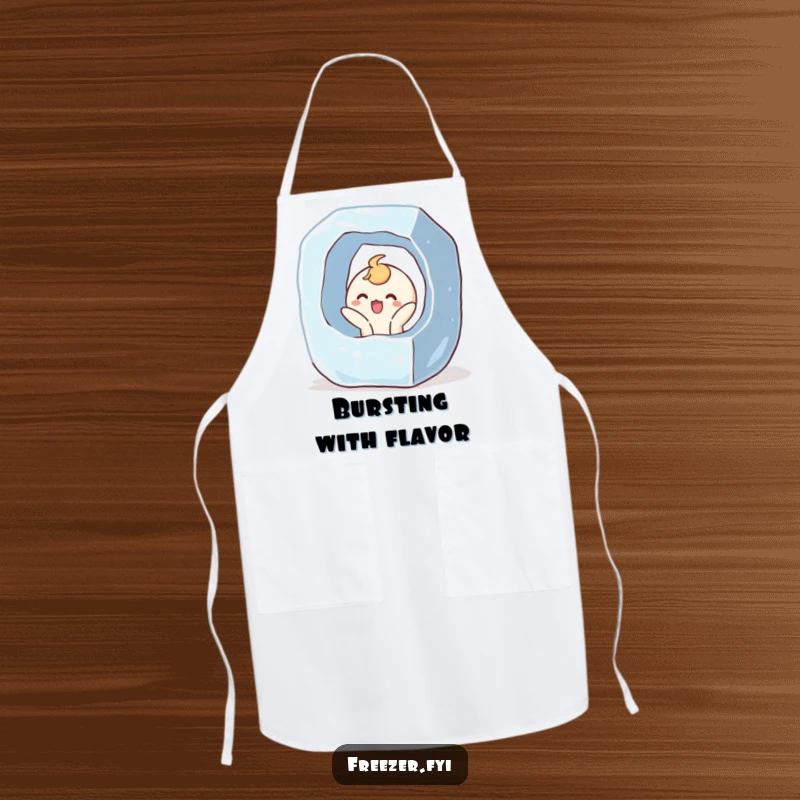 Funny apron depicting a character bursting out of a giant ice cube with a surprised, joyful expression, ideal for humorous kitchen activities.