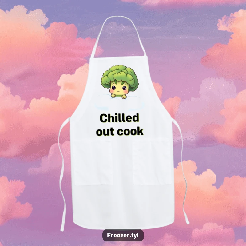 Funny apron featuring a cute broccoli floret character peeking from a frosty fog, ideal for adding mystery and humor to kitchen tasks.