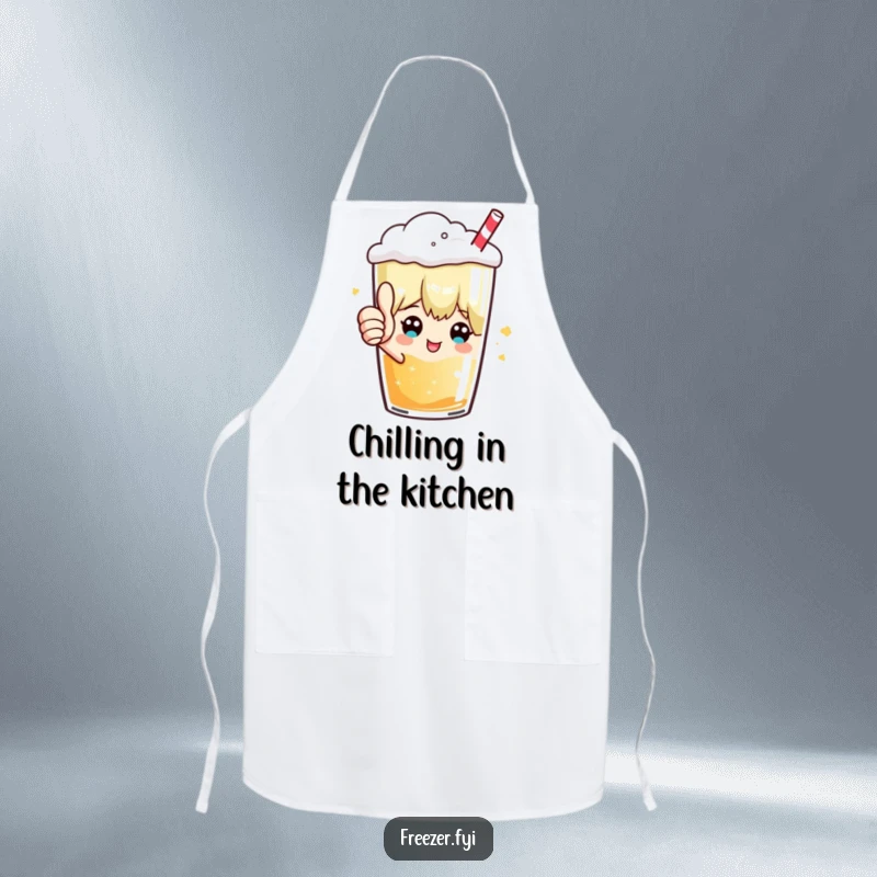 Funny apron with a character giving a thumbs up from inside a frosty beverage, adding a humorous and approving touch to kitchen tasks.