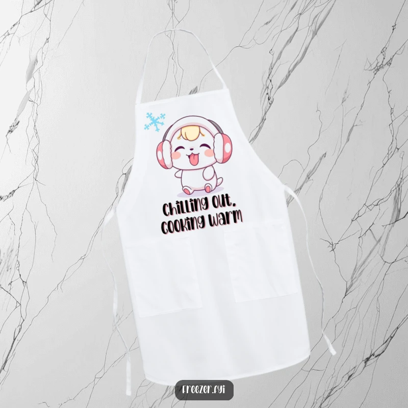 Funny apron with a cute character wearing earmuffs, playfully sticking its tongue out at a swirling snowflake, ideal for humorous kitchen activities.