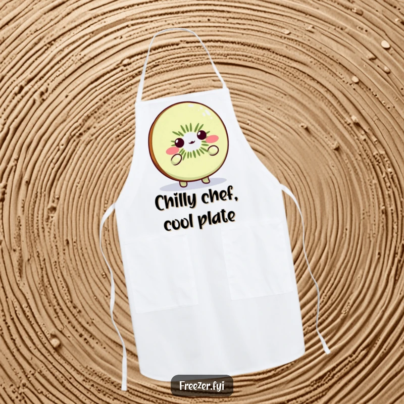 Funny Kiwi Slice Apron: Cute fruit character shrugging playfully in the cold, perfect for kitchen humor.
