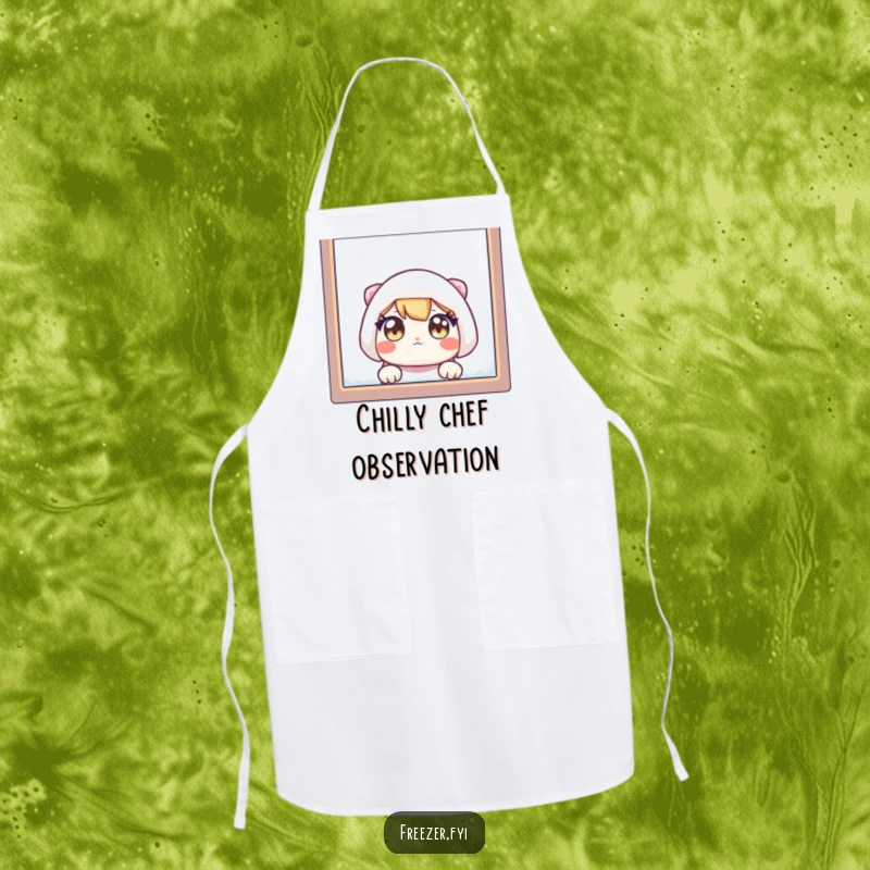 Funny apron featuring a character with wide eyes peeking from a frosty window, adding a humorous touch to kitchen activities.