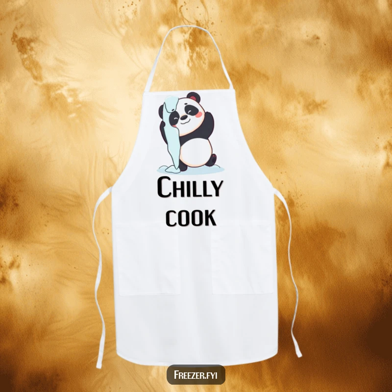 Funny panda apron featuring a playful panda attempting to hug an icicle, perfect for kitchen fun and humor.