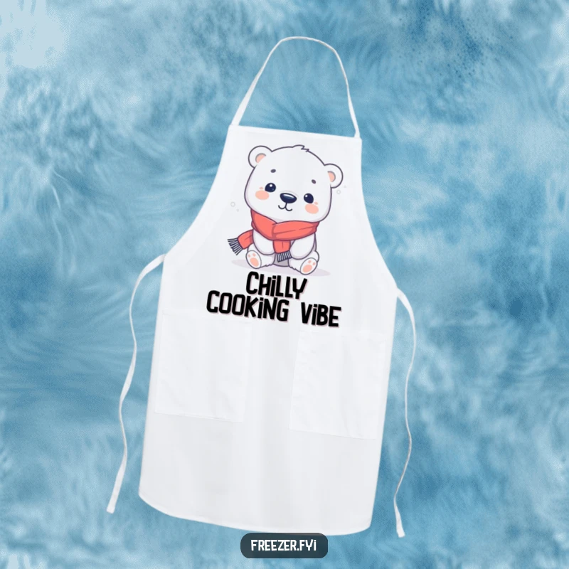 Funny polar bear apron featuring a kawaii character in a tiny scarf, playfully shivering, perfect for cozy kitchen fun.