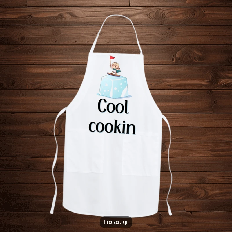 Funny apron featuring a cheerful tiny character surfing a giant ice cube, holding a small flag, ideal for a humorous and practical kitchen accessory.
