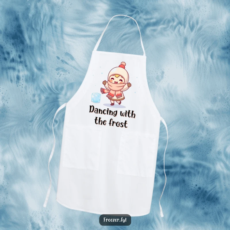 Funny apron depicting a character in a scarf happily dancing with a shivering ice cube, ideal for humorous and warm kitchen activities.