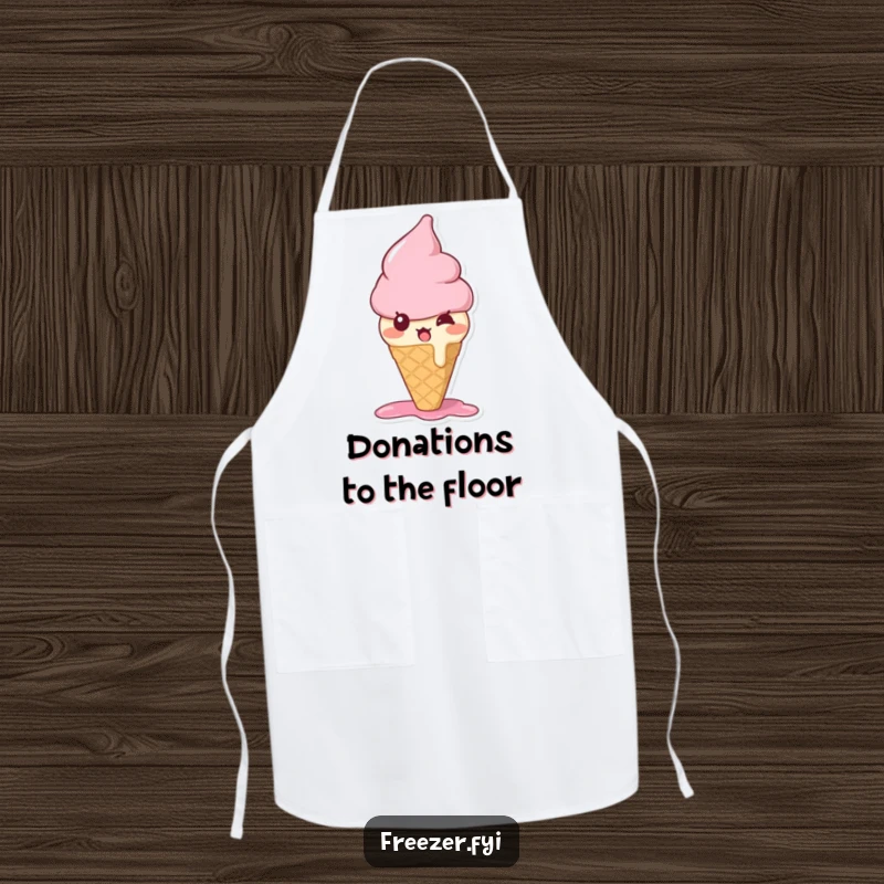 Funny ice cream cone apron featuring a bewildered character melting slightly with surprise, perfect for culinary sweetness.