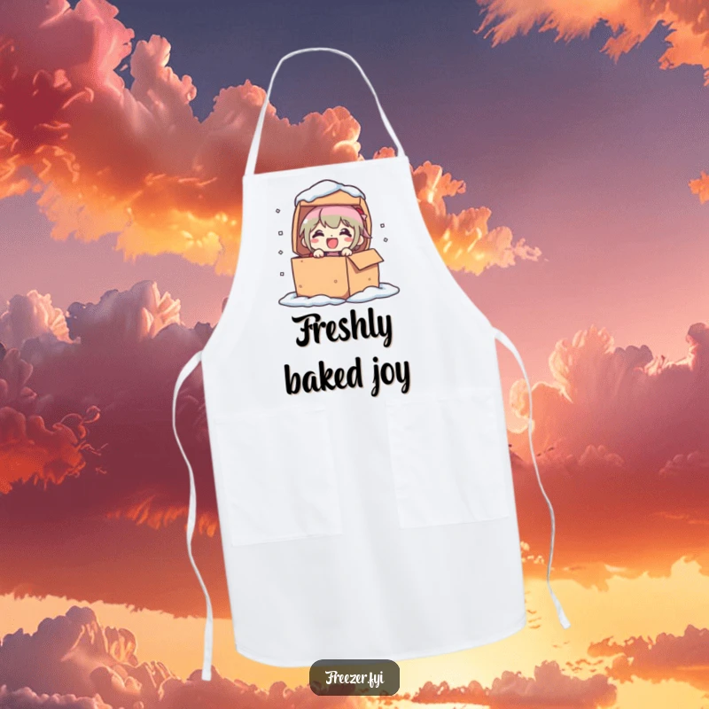 Funny apron showing a character popping out of a frozen box with sheer delight. Humorous kitchen wear for playful chefs.