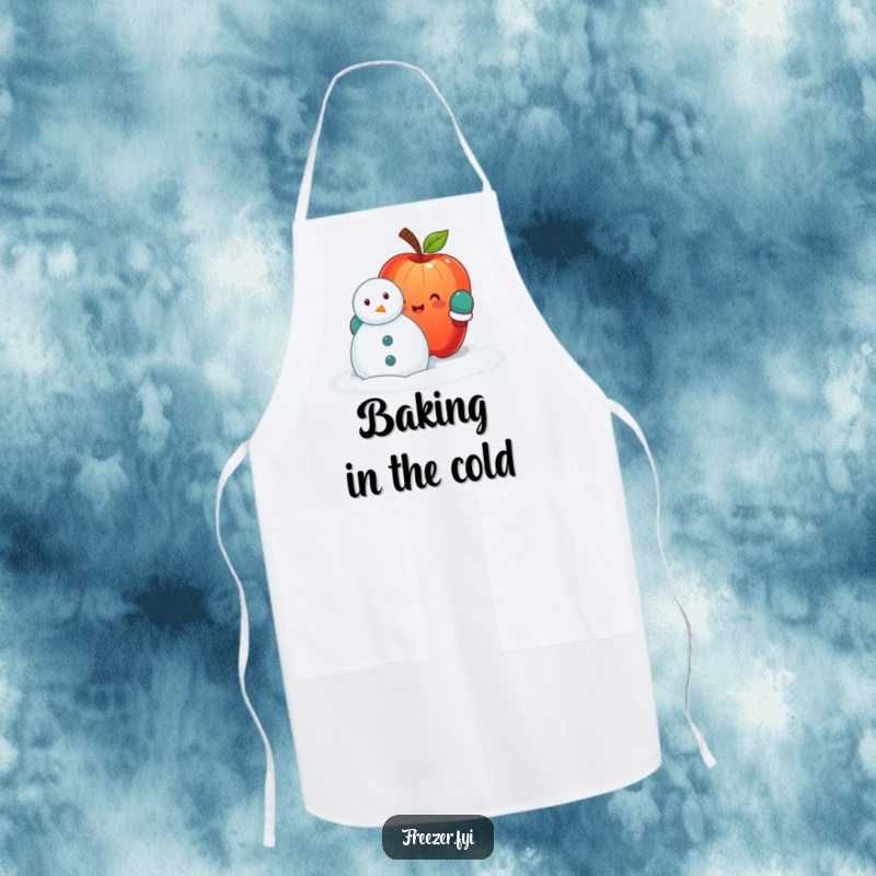 Funny apron showcasing a happy apple with mittens, trying to build a snowman, perfect for adding humor to kitchen chores and cooking.