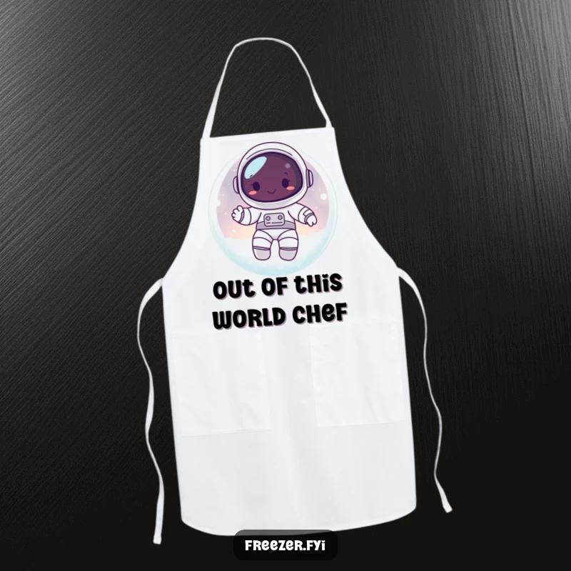 Funny apron with a happy astronaut character floating inside a frosty, glowing orb, ideal for cosmic cooking adventures.