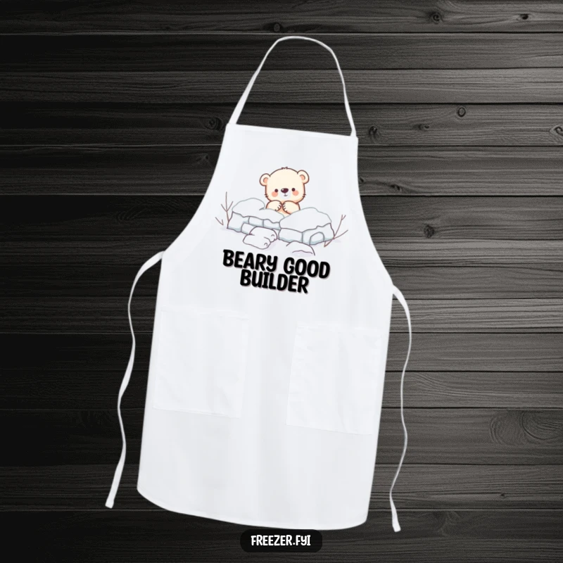Funny Apron: A cute apron featuring a small bear cub enthusiastically building a snow fort, perfect for fun winter cooking.