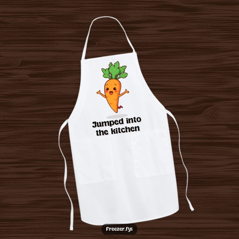 Funny apron featuring a cheerful carrot stick character doing a surprised little jump, ideal for adding humor and energy to kitchen tasks.