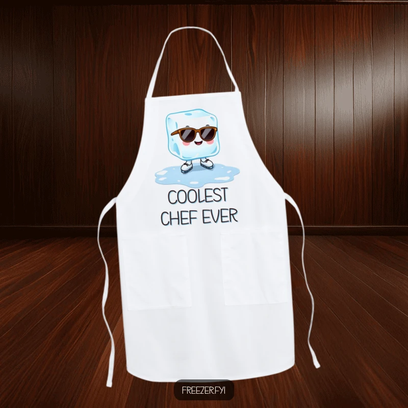 Funny ice cube apron with a cheerful ice cube wearing sunglasses, ice-skating on a puddle, cool summer kitchen gift.