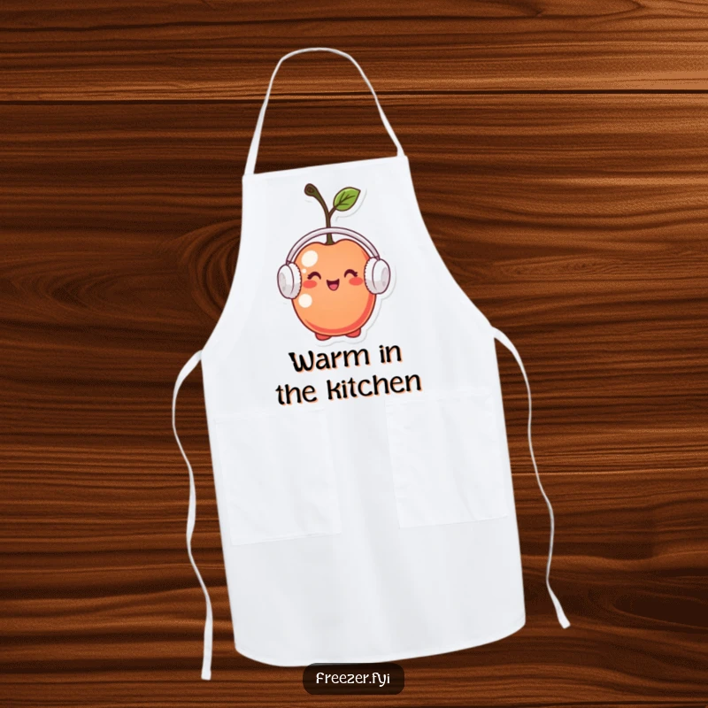 Funny apron featuring a tiny cherry character wearing miniature earmuffs, looking pleased, ideal for adding warmth and humor to kitchen tasks.