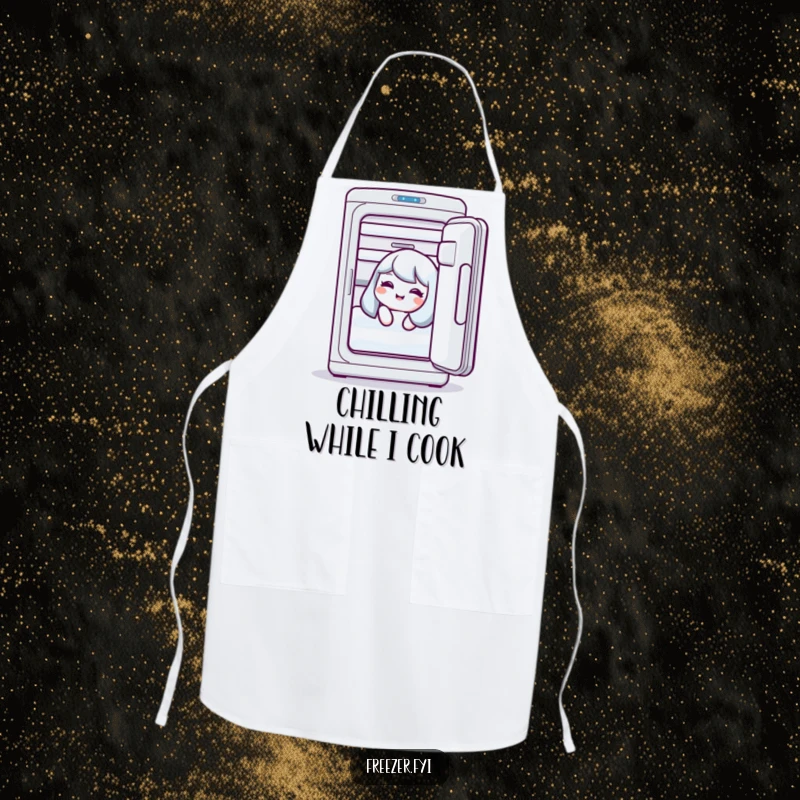 Funny apron with a character giggling from an open freezer, perfect for humorous cooking.
