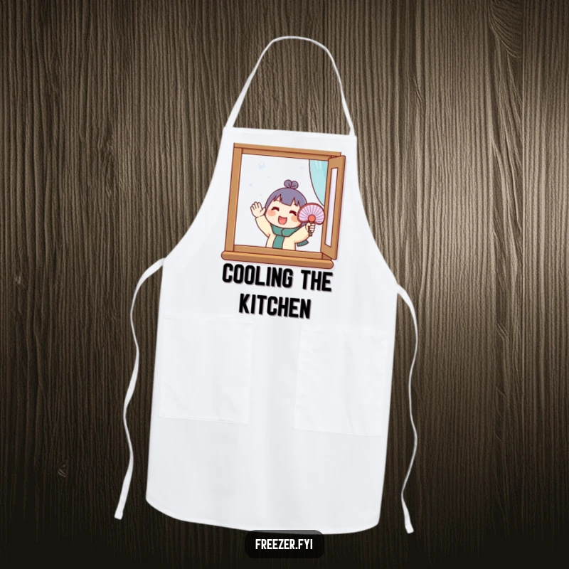 Funny apron showing a character enthusiastically fanning a small fan at a frosty window. Humorous kitchen wear for determined cooks.