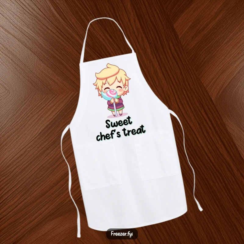 Funny apron with a character joyfully spinning a frozen lollipop stick, adding a humorous and sweet touch to kitchen activities.