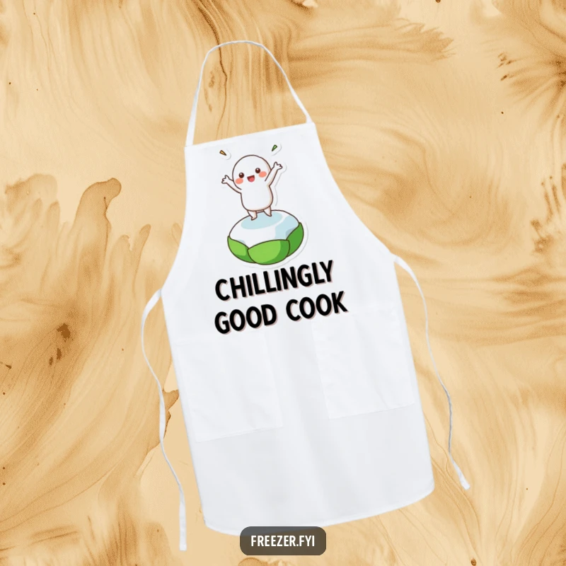 Funny apron with a character doing a happy dance on a frozen pea, bringing humor to cooking and kitchen tasks.