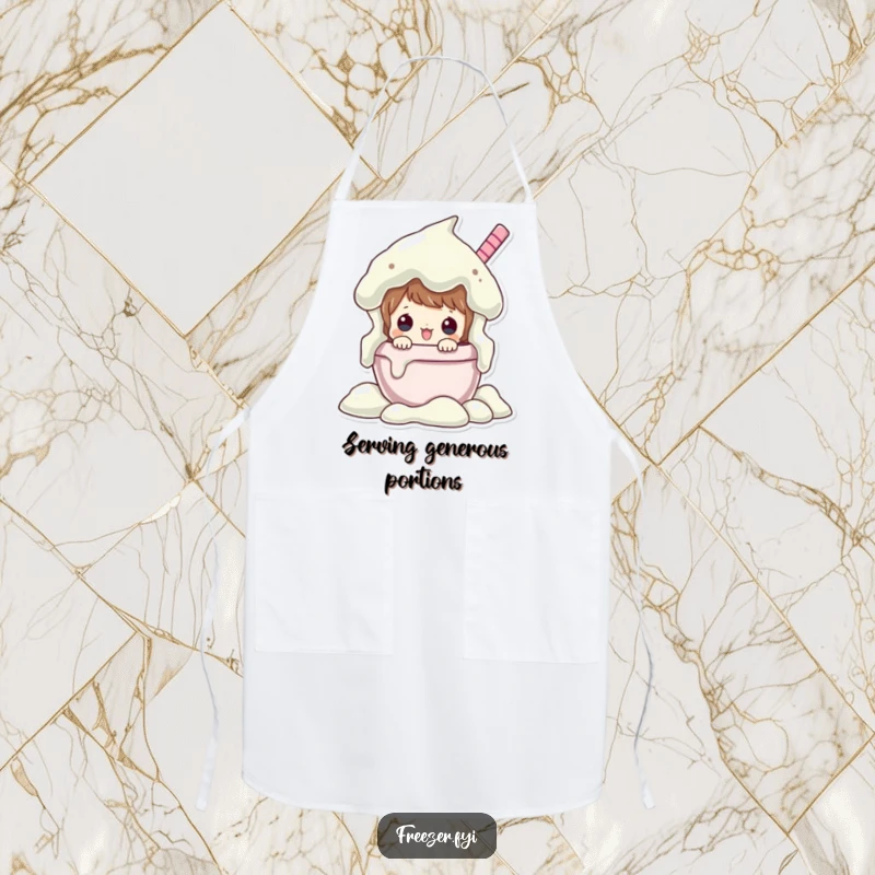 Funny apron showing a character peeking from an overflowing ice cream tub, designed for adding humor to kitchen tasks.