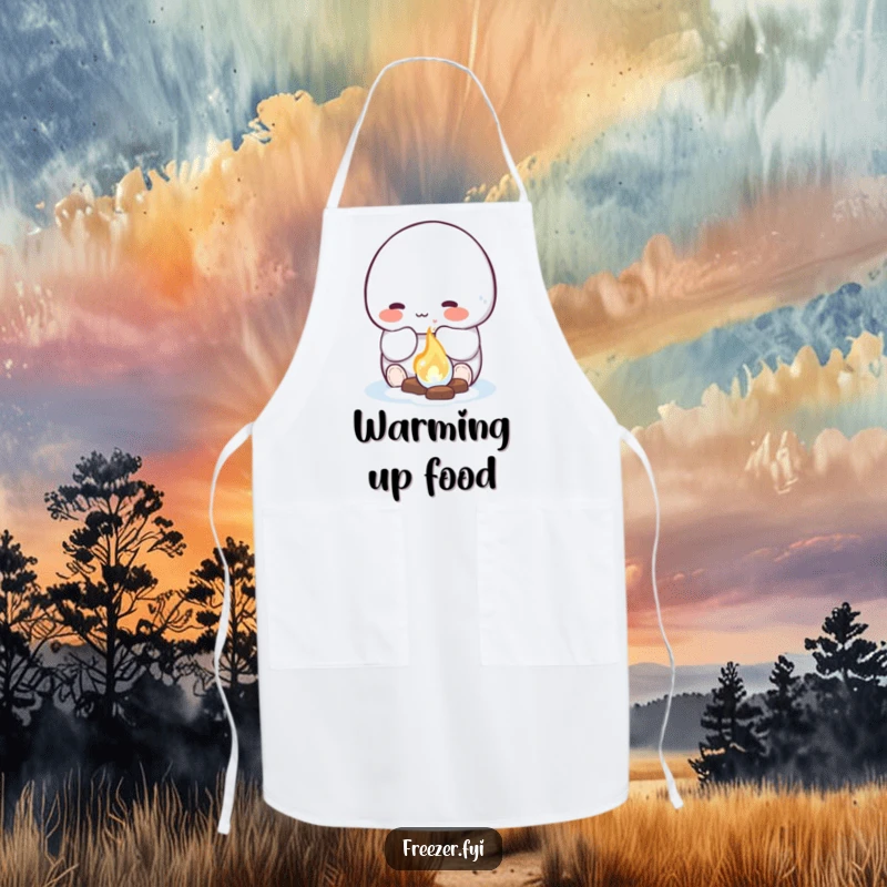 Funny apron with a rosy-cheeked character happily warming their hands by a small, glowing ice fire, functional and humorous for cooking.