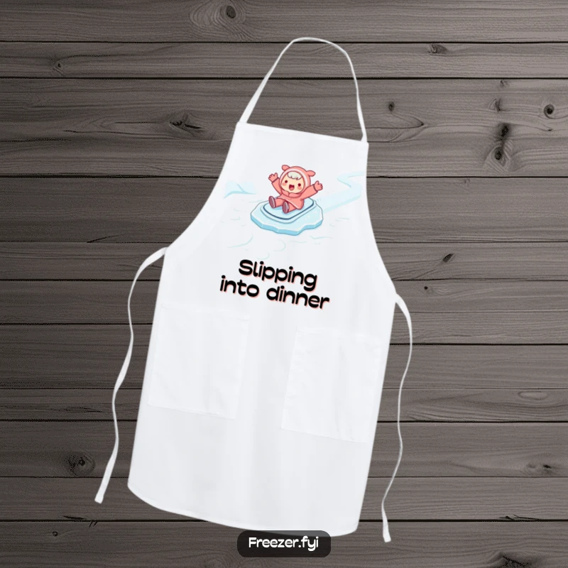Funny apron showing a character sliding with glee across an icy floor, arms wide. Humorous kitchen wear for winter enthusiasts.