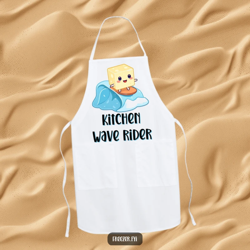 Funny apron featuring a wobbly jelly cube surfing on a tiny frozen wave, kitchen humor.