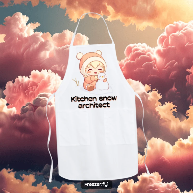 Funny apron depicting a character gleefully attempting to build a tiny snowman inside, ideal for kitchen fun and humorous cooking.