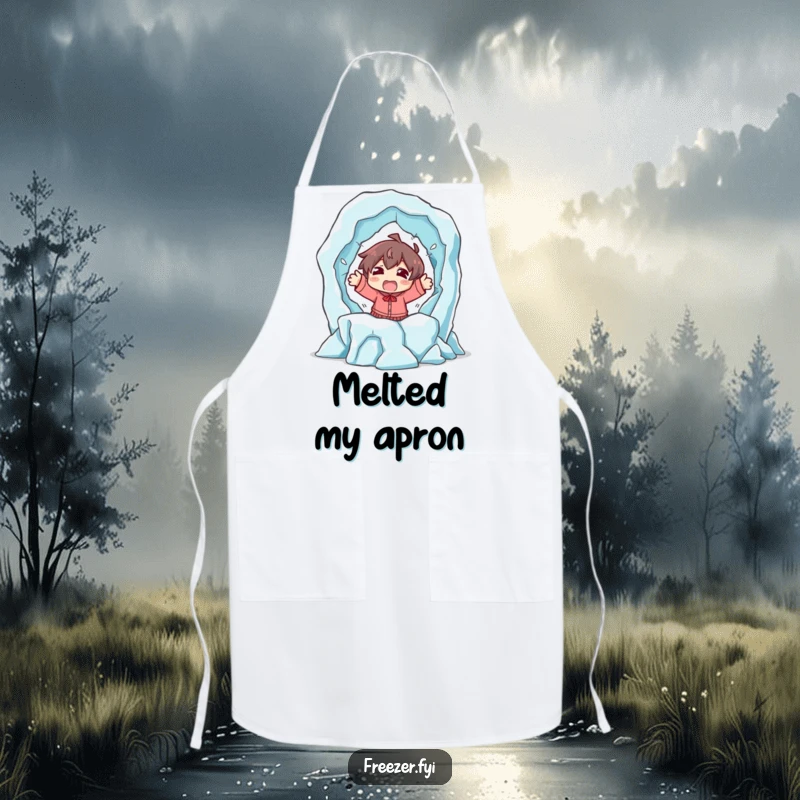 Funny apron featuring a shocked character dramatically fleeing from a melting ice sculpture, bringing humorous flair to cooking and baking.