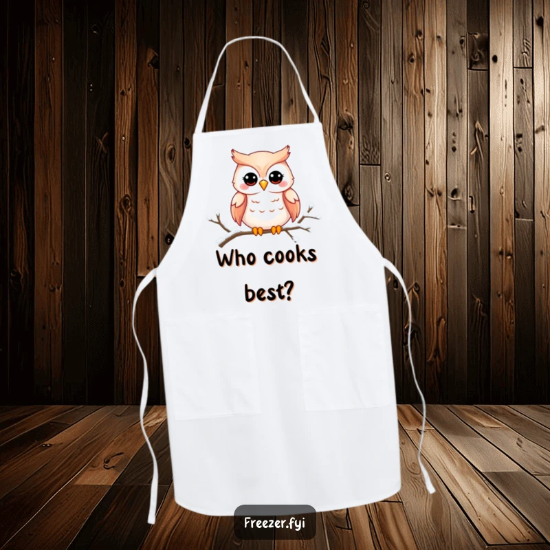 Funny owl apron featuring a charming owl smiling on a snowy branch, perfect for kitchen fun and humor.