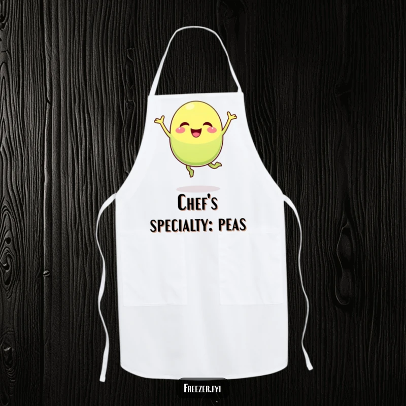 Funny pea pod apron with a cheerful character making a silly jump, ideal for kitchen activities and baking.
