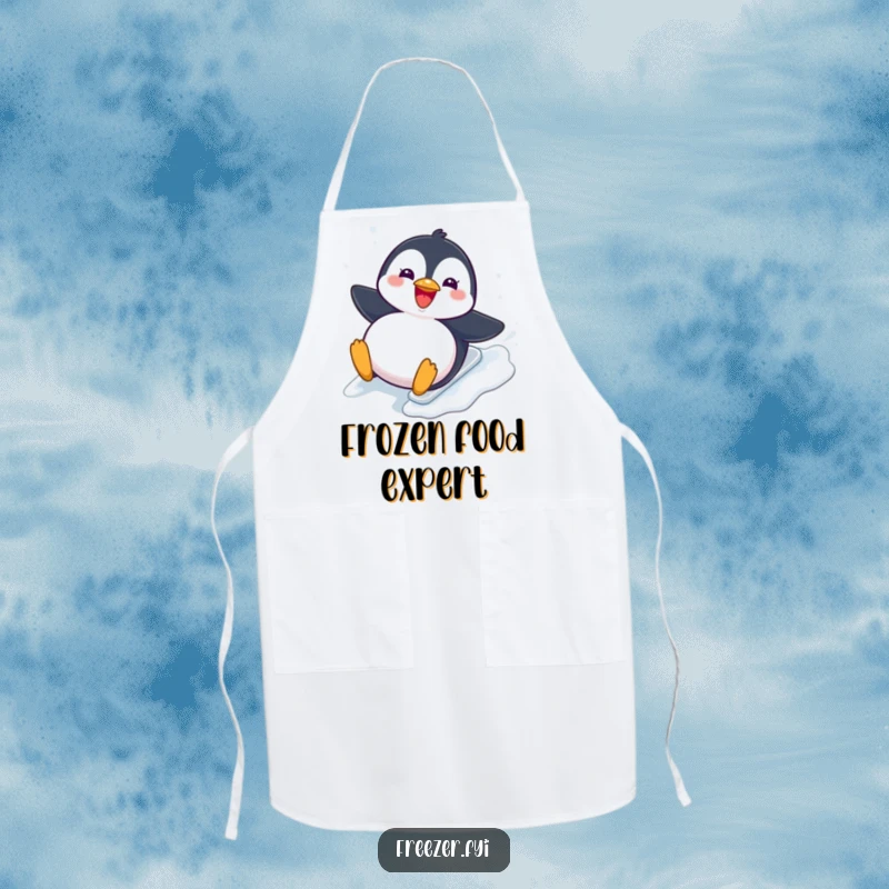 Funny Apron: A cute apron featuring a chubby penguin joyfully sliding down an icy slope, perfect for fun winter cooking.