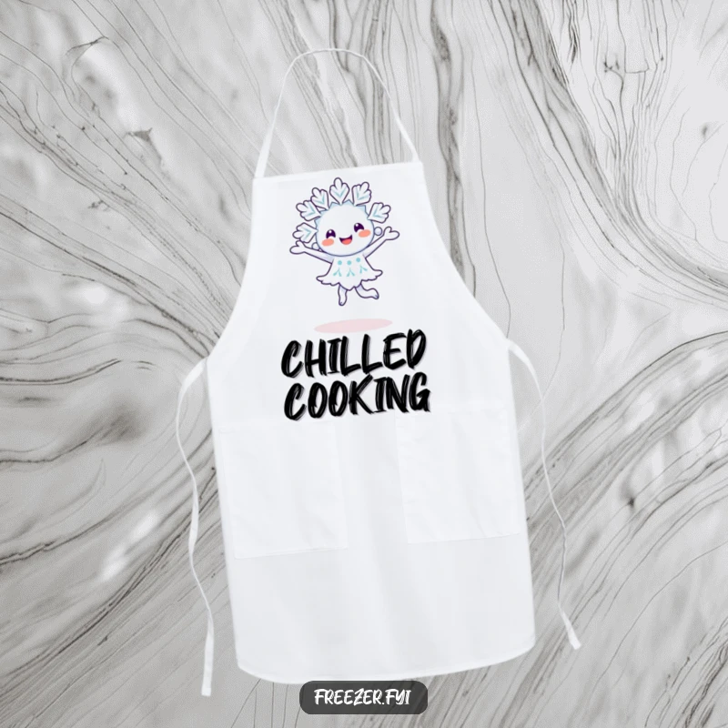 Funny happy snowflake character doing a joyful pirouette on a baking apron, perfect for winter cooking.