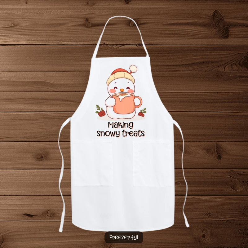 Funny apron with a content snowman character happily sipping hot cocoa from a large mug, ideal for cozy winter cooking.