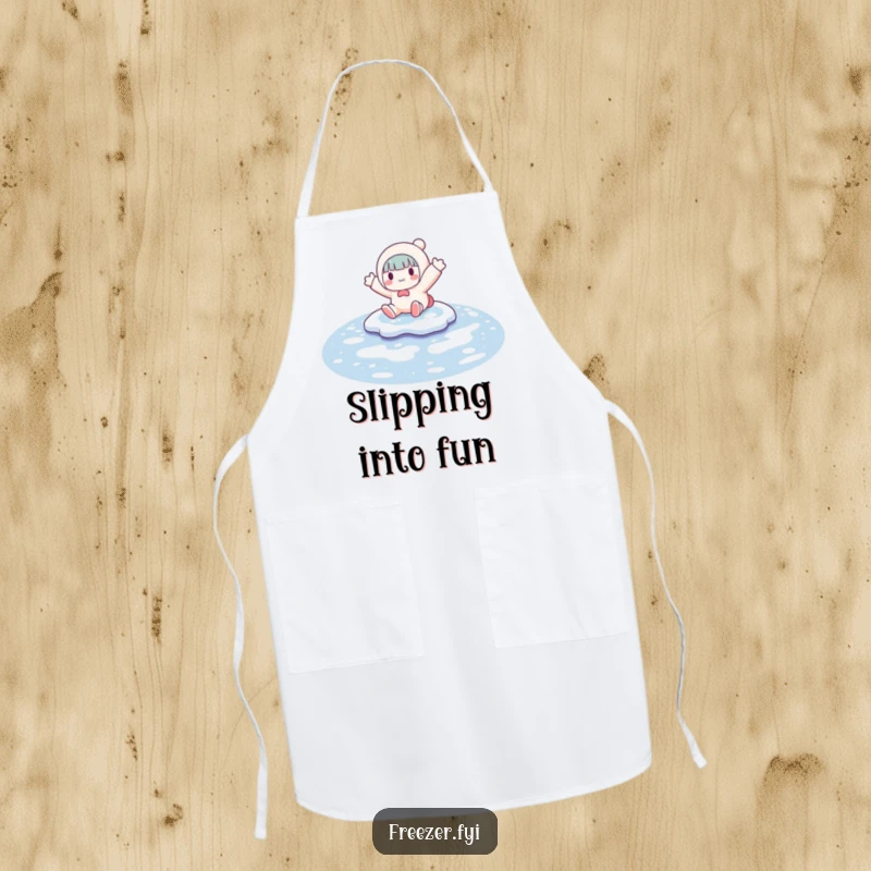 Funny apron showing a character comically sliding on a frozen puddle, arms out, ready to handle any kitchen mess with a smile.