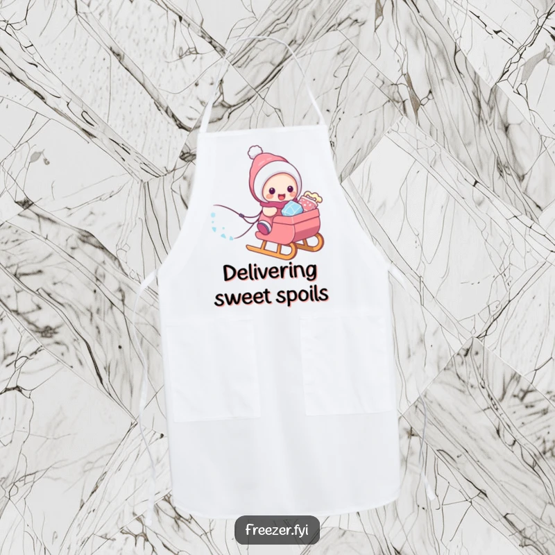 Funny apron showing a character pulling a sled laden with frosty treats, ready for kitchen tasks with a cheerful, snack-focused attitude.