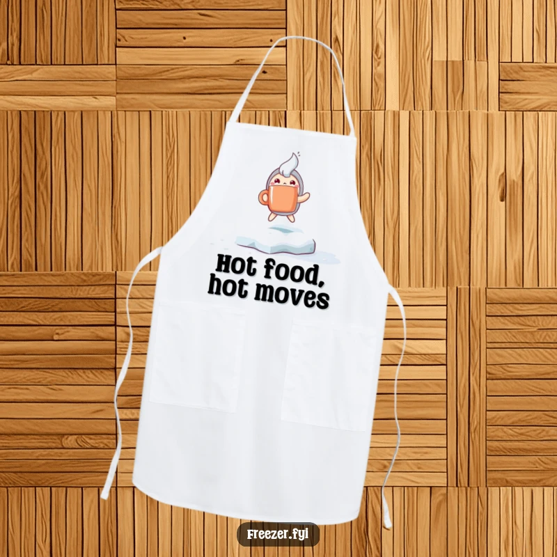 Funny apron showing a character with a steaming mug hopping excitedly on a frosty surface, perfect for humorous kitchen activities.
