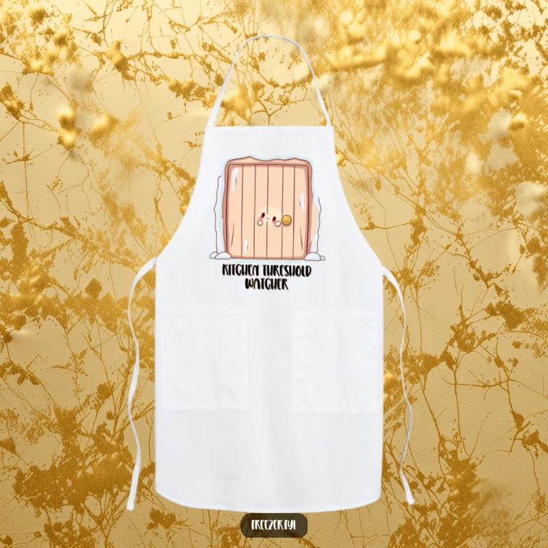 Funny apron depicting a character playfully peeking out from behind a large, frosty door, ideal for kitchen fun and playful surprises.