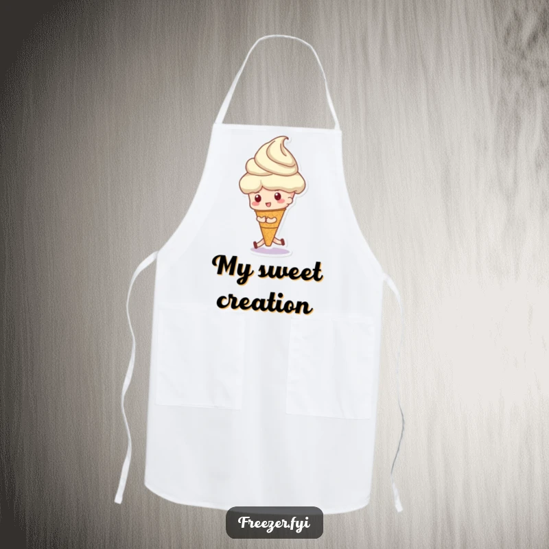 Funny apron showing a character playfully pushing a gigantic ice cream scoop, ideal for kitchen fun and dessert making.