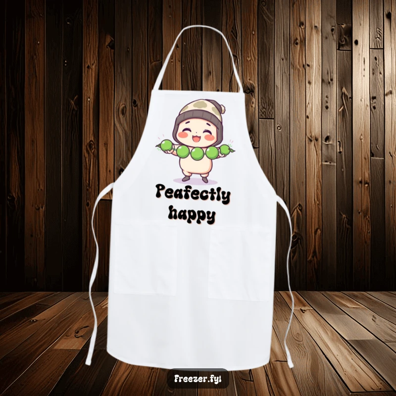 Funny apron featuring a character in a toque cheerfully juggling three frozen peas, perfect for humorous cooking sessions.