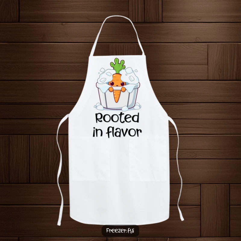 Funny curious carrot character peeking from an overflowing ice bin on a baking apron.