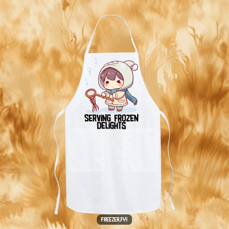 Funny apron showing a character playfully trying to catch falling icicles with a small net, perfect for humorous kitchen tasks.