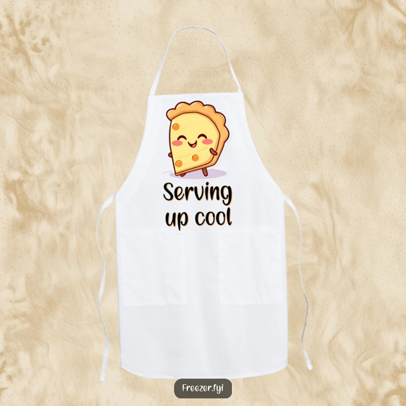 Funny pie slice apron featuring a happy character smiling warmly from a cold surface, a humorous and practical kitchen accessory gift.
