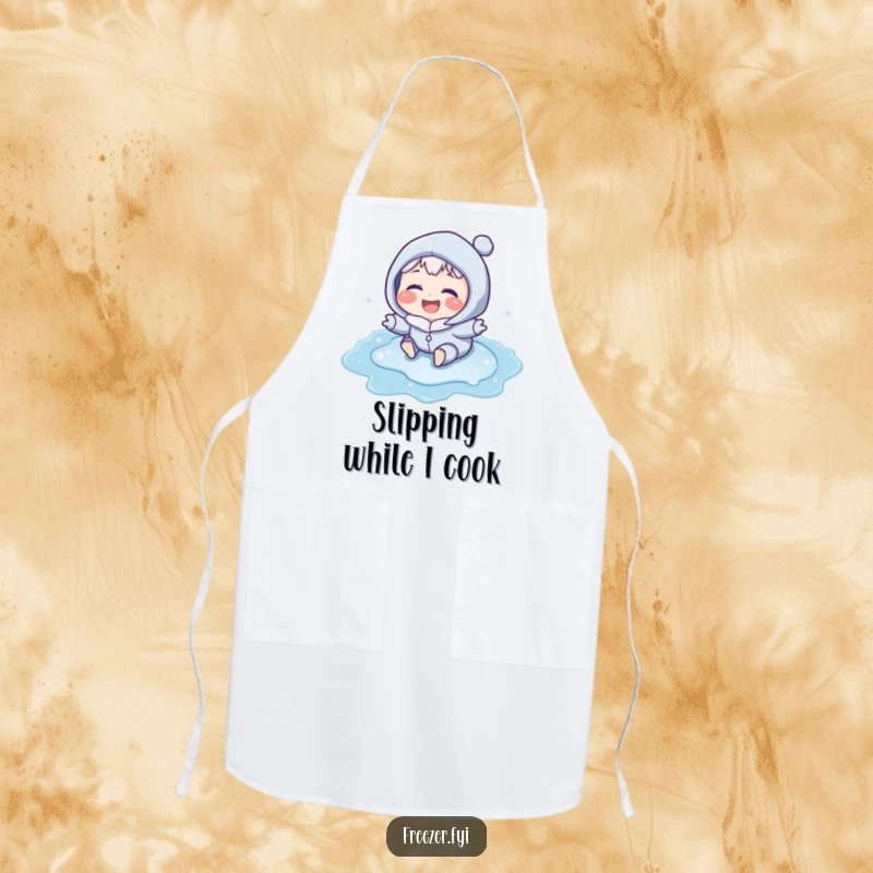 Funny apron depicting a character with icy blue cheeks laughing while sliding on a frozen puddle, ideal for humorous kitchen activities.