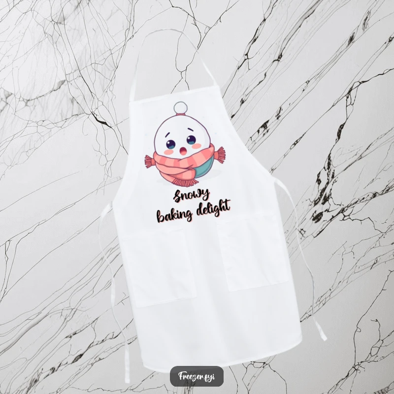 Funny apron with a surprised snowball character tumbling headfirst into a cozy scarf, ideal for whimsical winter cooking.