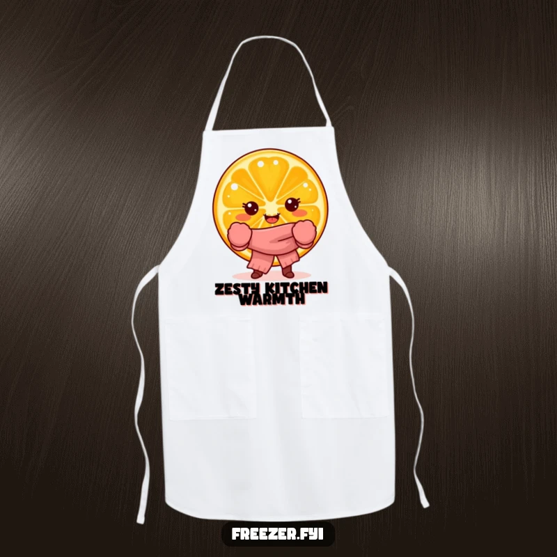 Funny apron featuring a joyful orange slice character in winter attire, ideal for kitchen fun and humorous gifts.