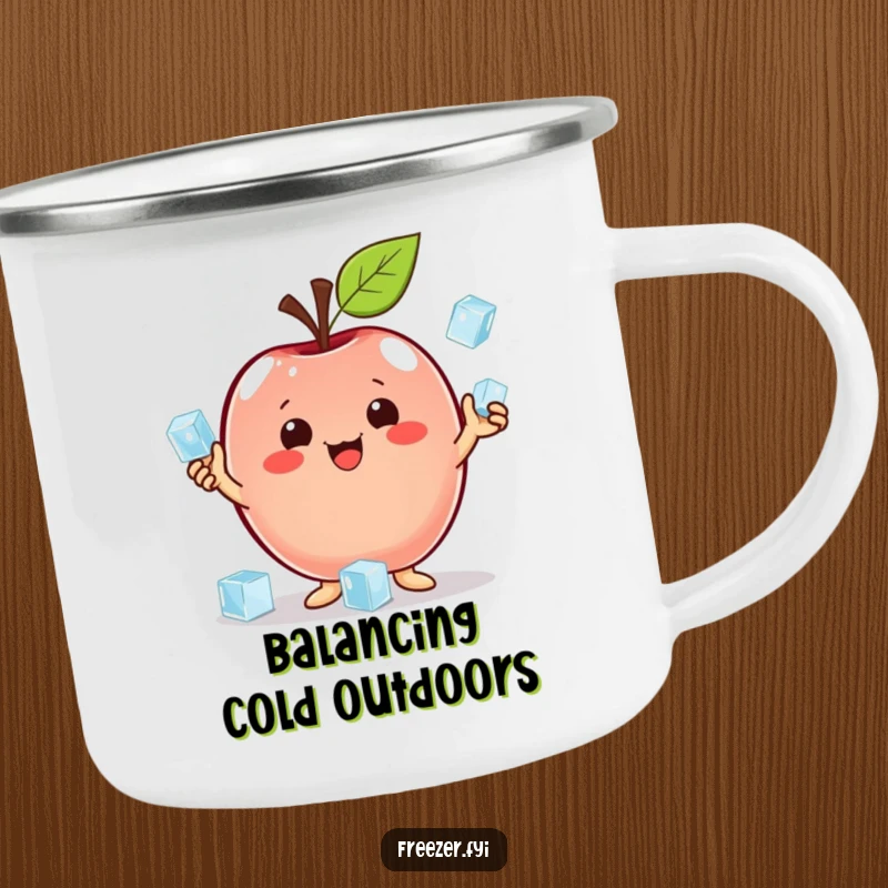 Funny camping mug with a proud apple character juggling ice cubes, perfect for outdoor adventures and humorous gifts.