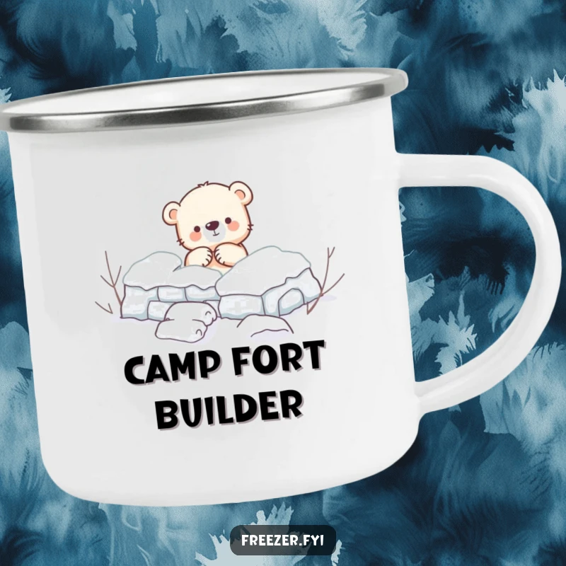 Funny Camping Mug: A rugged mug featuring a small bear cub enthusiastically building a snow fort, bringing humorous winter vibes to outdoor drinks.