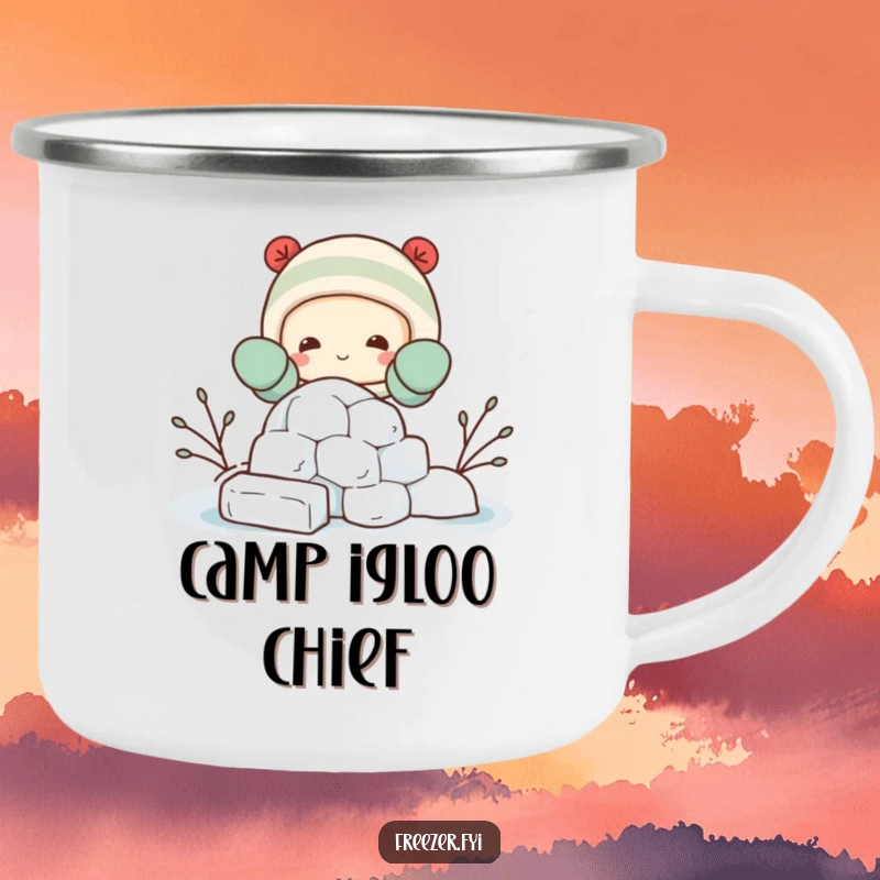 Funny camping mug with a happy character in mittens, building a small igloo out of ice blocks, durable and humorous for outdoor use.
