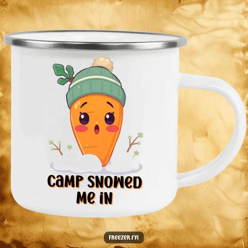 Funny surprised carrot camping mug with a carrot wearing a tiny winter hat, shivering in snow, wintry outdoor gift.